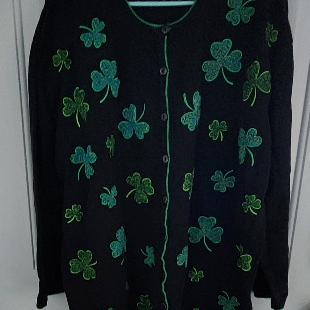 Chic Black Cardigan with Green Beaded Clover Design 3x PLUS